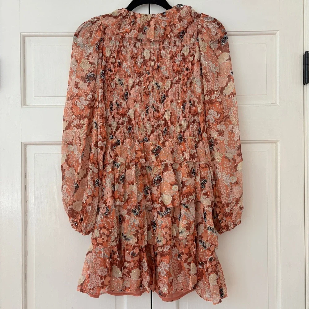 Ulla‎ Johnson Tamara Dress Silk Mini Metallic Floral Print Coral Size 2 Tiered